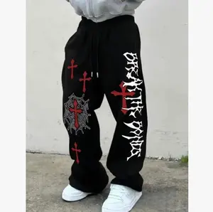 Men's Gothic Print Jogger Pants, Loose Straight Leg, Mesh Design, Casual Sportswear, Drawstring Waist, All Seasons, Gym & Leisure Wear, Jogging Pants