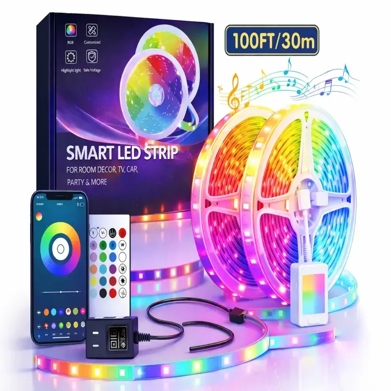 100FT Smart RGB Multicolor LED Strip Lights, App & Remote Control, Safe Voltage, Time Setting & Music Sync, Easy Installation, Multicolor LED Lighting Accent Lights for Bedroom Indoor Home Decor, Christmas Gift