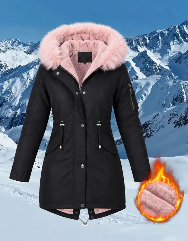 Women’s fleece lined hooded jacket with a large hood, casual warm outerwear featuring a drawstring waist that easily defines the waistline, double zip front with metal buttons, suitable for outdoor mountain activities and everyday commuting.