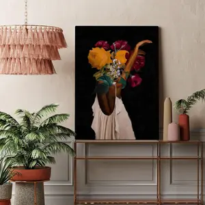 Black Woman Head Flowers Wall Art, African American Art, Black Art, Black Girl Print, Woman Art Decor, Beauty Poster No Frame