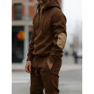 Vintage Style Men's 2-Piece Loungewear Set - Textured Fabric Hoodie with Button Placket & Contrast Details Casual Beige