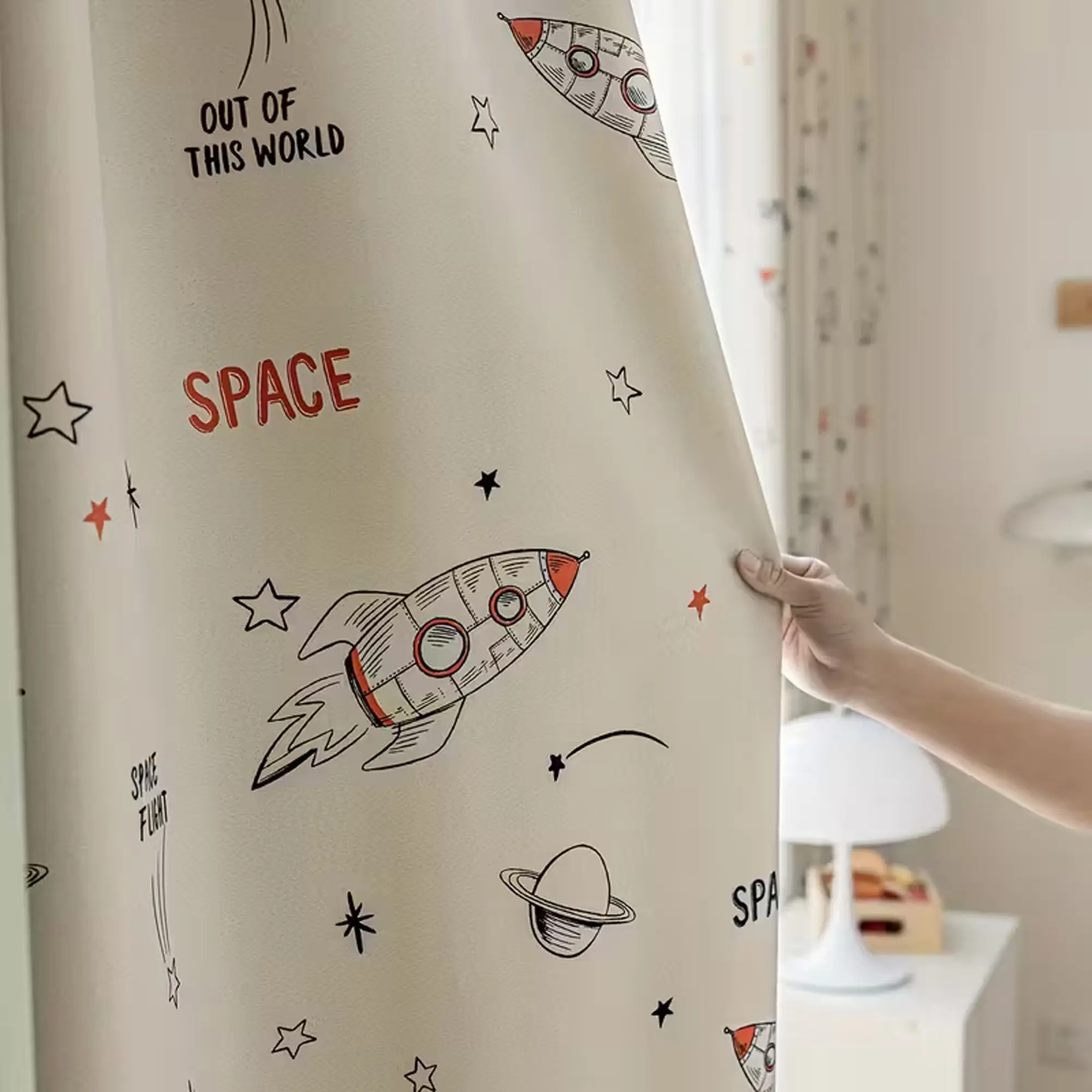 1pc Space Theme Cartoon Curtain, Polyester Curtain, Rocket Planet Astronaut Print, Fun Style for Kids Room, Boys Bedroom Decor, Game Zone Partition, Window Curtains