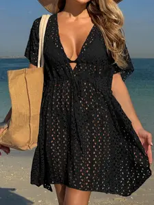 Women's Solid Color Hollow Out Cover Up Dress, Casual Cute Deep V Neck Cover Up Dress for Beach Holiday Vacation, Beach Outdoor Wear, Ladies Clothes for All Seasons, Swimwear Coverups, Swimsuit Cover Up, Summer Swimming Cover, Sheer Cover Ups