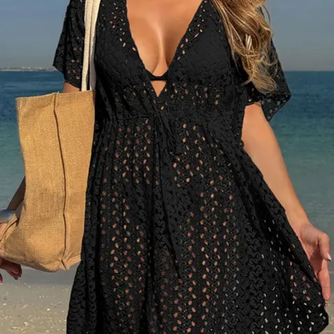 Women's Solid Color Hollow Out Cover Up Dress, Casual Cute Deep V Neck Cover Up for Holiday Vacation & Beach Outdoor Wear, Ladies Clothes for Summer, Swimsuit Cover Up, Sheer Cover Ups, Summer Coverup, Swimwear Coverups