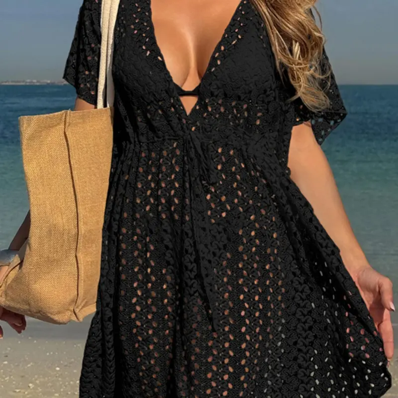Women's Solid Color Hollow Out Cover Up Dress, Casual Cute Deep V Neck Cover Up for Holiday Vacation & Beach Outdoor Wear, Ladies Clothes for Summer, Swimsuit Cover Up, Sheer Cover Ups, Summer Coverup, Swimwear Coverups