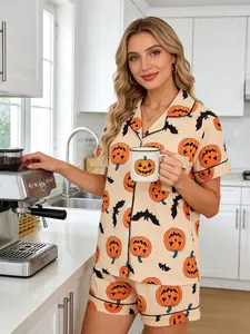 Women's Halloween Pumpkin Smiley Face Printed Sleepwear, Breathable Soft Comfort Short Sleeve Shorts Two-Piece Set, Summer Casual Home Wear