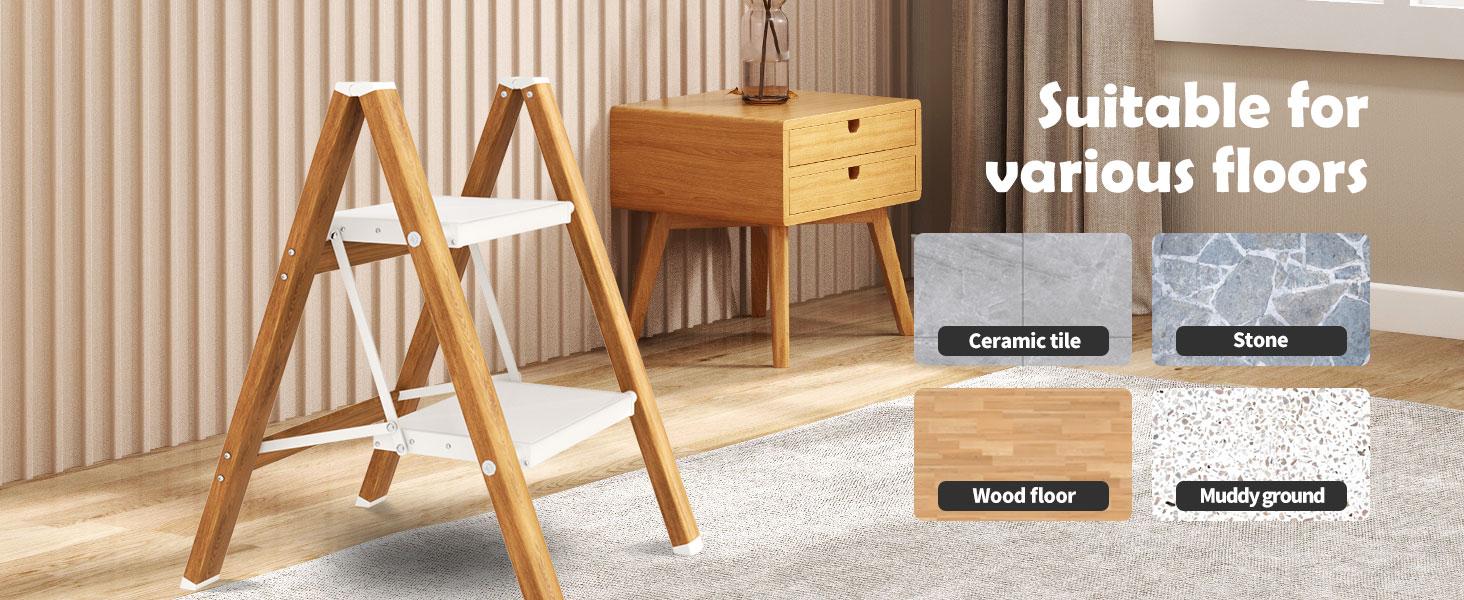 2 Step Ladder,Lightweight Aluminum Folding Step Stool with Anti-Slip Wide Pedal,330lbs Capacity Step Ladder for Household,Kitchen,Office - WhiteWoodgrain
