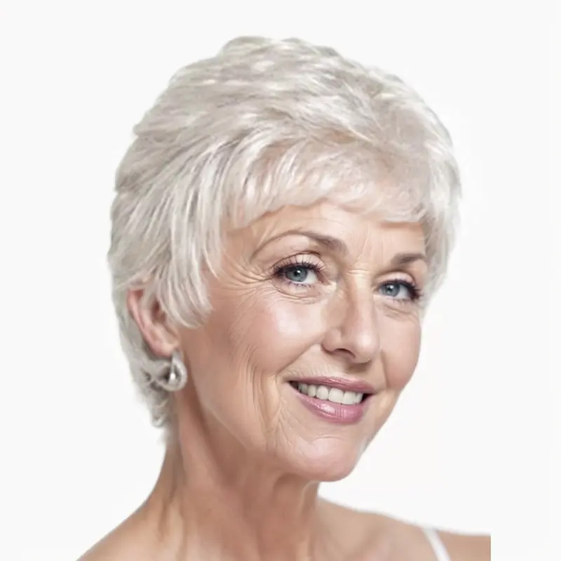 Wig for Elderly Women, Silver White Short Hair, Side Bangs, One Piece Wig