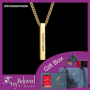 HZ-N1715 Customized Engrave Men's Square Column Long Pendant Pearl Chain Titanium Steel Necklace Holiday Gift