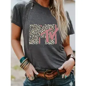 Women's Leopard Print Round Neck Graphic Tee, Vintage Trendy Casual Streetwear Short Sleeve Fitted T-shirt for Daily Wear, Ladies Summer Outfit