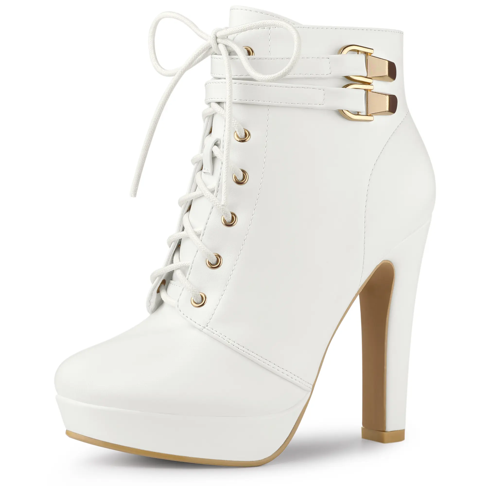 BLISSFUL STEP Lace Up Round Toe Platform Block Heels Ankle Boots