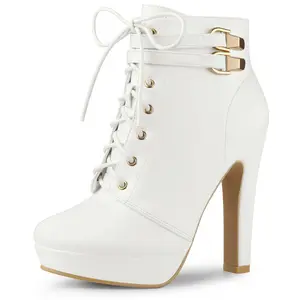 BLISSFUL STEP Lace Up Round Toe Platform Block Heels Ankle Boots