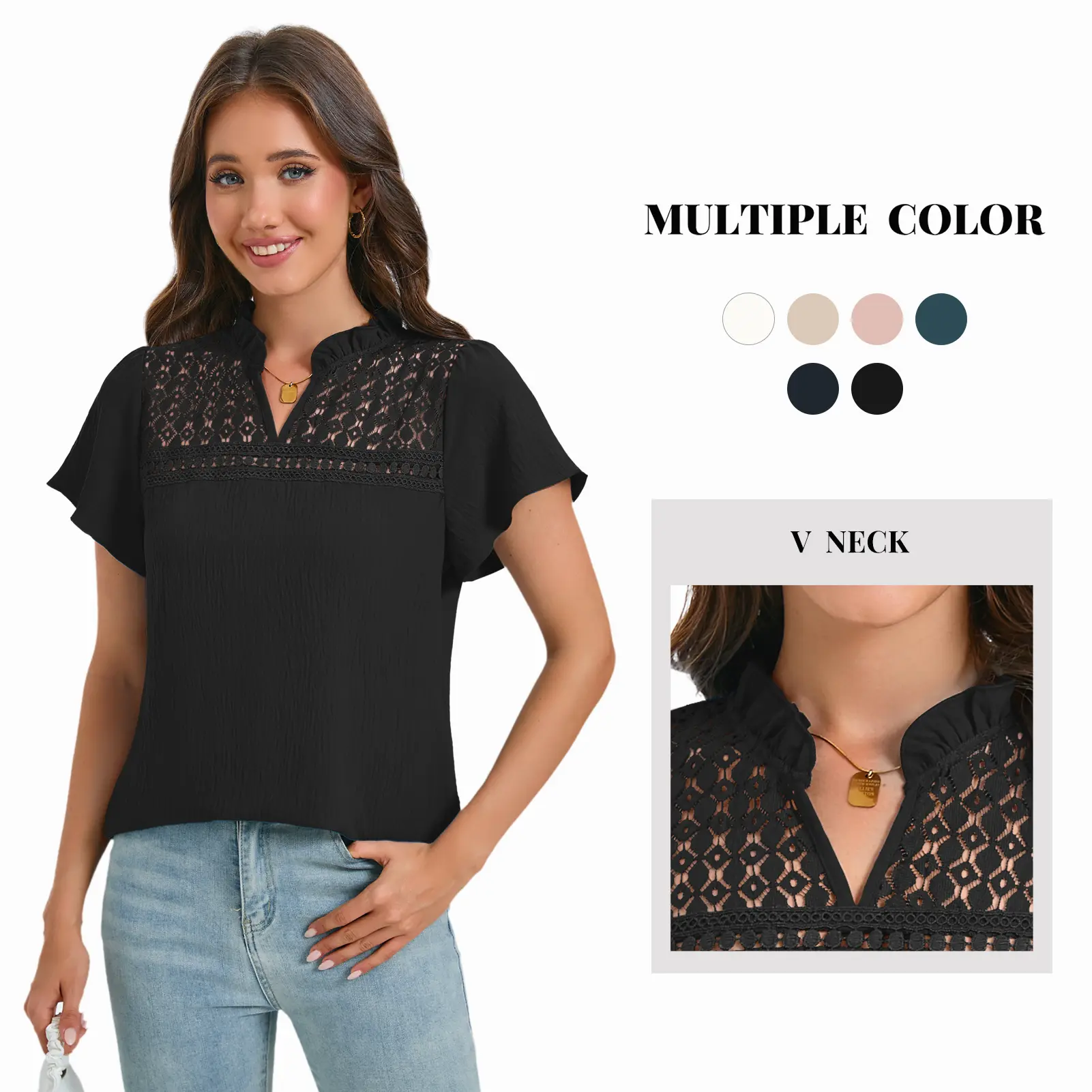 Women's Elegant Plain Lacy Eyelet Chiffon Blouse - V-Neck, Short Ruffle Sleeves, Loose Romance Day Top, Lightweight Breathable Soft Dressy Casual Summer Tunic Top for Work, Low Iron, Minimalist Shirt