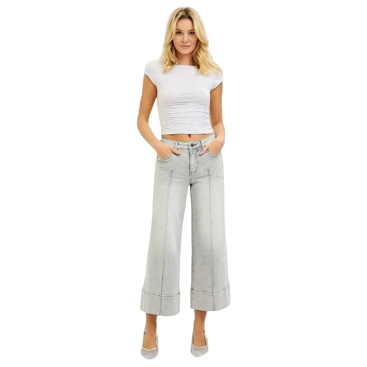 Slat Tree Women's Tummy Control Jeans, Chic Mid Rise Wide Leg Crop with Pintuck Front, Comfortable Stretch Spandex and Button Fly, Elegant, Bottom, Denim, Fit, Pants, Cotton Blend