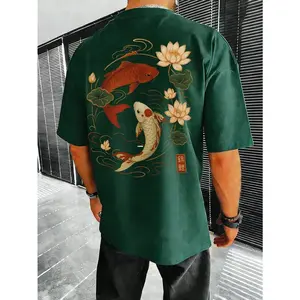 FRACTYR Men's Summer Fashion Minimalist Street Carp Element Print Round Neck Short Sleeve T-Shirt |   All-Match Street Casual Tee, Boyfriend/Husband Gift