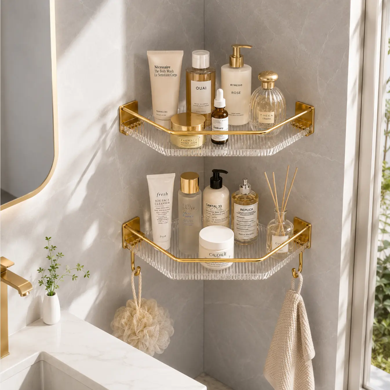 Double-Layered Gold Acrylic No-Drill Shower Caddy, Self-Adhesive Wall-Mounted 2-Tier Rack, Rust-Resistant Lightweight Organizer for Small Bathroom Item Storage with Easy Installation