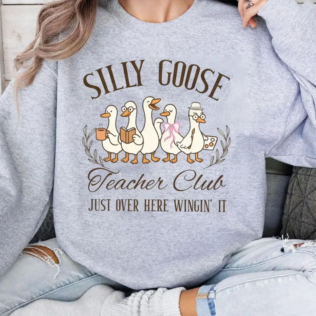Women's Fitted Silly Goose Club Pullover Hoodie Sweatshirt - Casual Long Sleeve Cotton Spandex Printed Check Top with Pocket, Teacher Back to School Outfit, Educator Clothes Gift