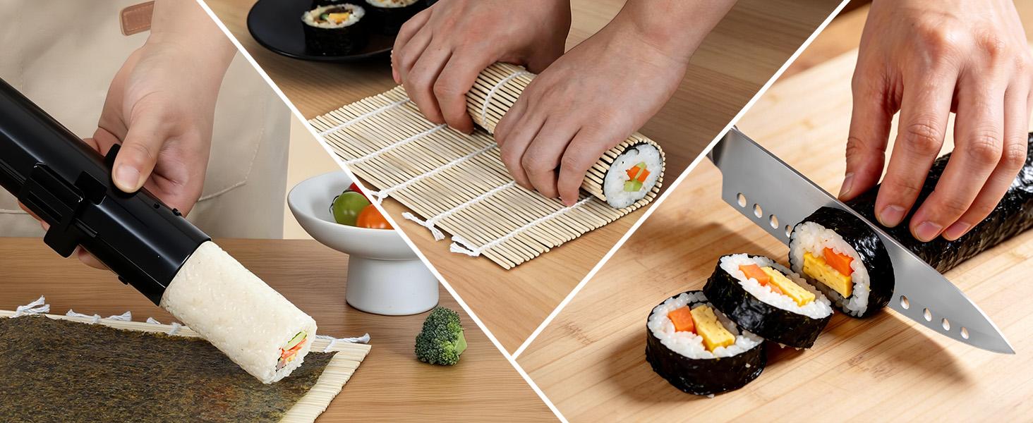 Sushi Making Kit, 16 in 1 Premium Sushi Maker, Suitable for Beginners/Professional Sushi Makers with Sushi Bazooka Roller, Bamboo Sushi Rolling Mat, Sushi Knife, Guide Book & More (Black)