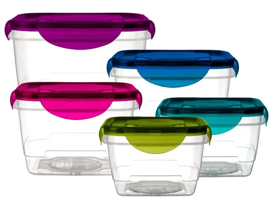 LexiHome 10 Piece Square Lock and Seal Plastic Food Container Set, Color Coded