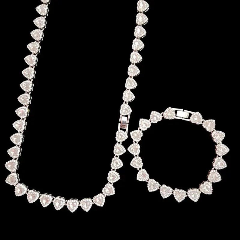 2 Pieces/Set 10mm Love Heart Shape Chain Necklace and Bracelet for Men and Women, Hip Hop Iced Out Bling Jewelry Set, Valentines Matching Fashionable Jewelry Set