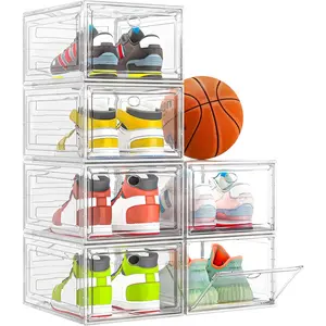 Clear Plastic Stackable Foldable Space-Saving Shoe Storage Organizer with Magnetic Door for Closet 6 Pack White Installation Ideal for Sneaker and Boot Storage