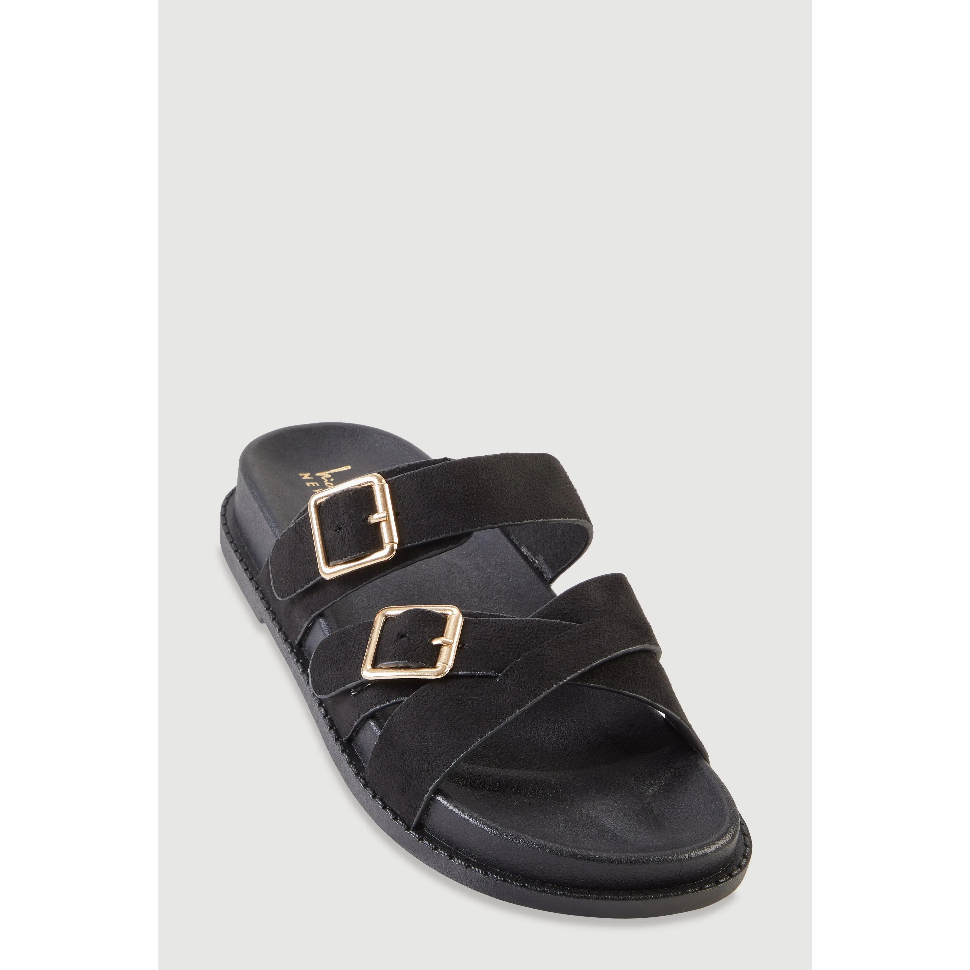 Faux Suede Double Buckle Criss Cross Band Footbed Sandals