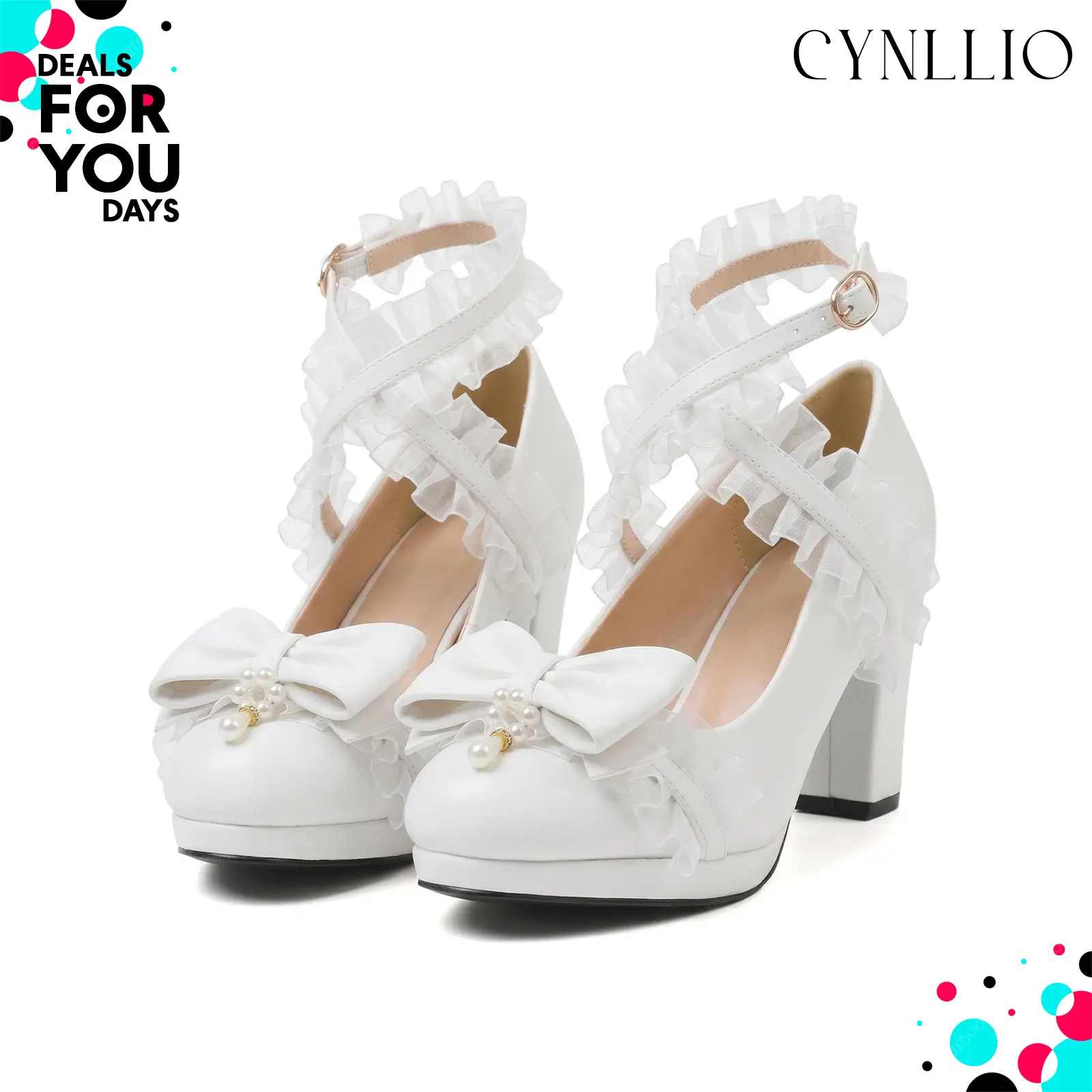 CYNLLIO Womes Chunky Block Heel Rounded Toe Cross Ruffle Ankle Strap Pearl Bow Kawaii Pumps Slip On Comfy Fashionable Wedding Party Cosplay Dating Casual Spring Mary Jane Wedding Shoes Deals For You Days