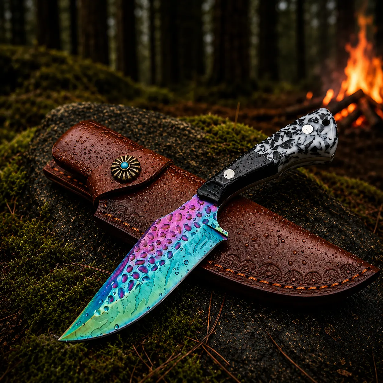 Rainbow Titanium Fixed Blade Hunting Knife with Leather Sheath – Iridescent EDC Camping Knife, Gift for Men Dad Husband