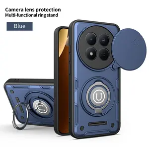 Sliding camera protective cover phone case suitable for Redmi Note 15 4G/Note 15 5G/Note 15 Pro 4G/Note 15 Pro 5G/Note 14 Pro Plus/Note 15 Pro Plus Equipped with a 360 ° rotating bracket, supporting car mounted magnetic suction, with lens protection