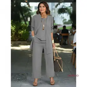 Women's Chic Solid Three-Piece Outfit Set - Comfortable Long Sleeve Cardigan, Versatile Top & Sleek Pants - Everyday Casual Wear Perfect for Office Work Shopping Daily Activities Fashionable Matching Set Ladies ClothingQYor