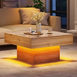 DWVO Coffee Tables for Living Room, Modern Coffee Table with Storage, Square Wood Coffee Table with 2 Sliding Drawers, Led Center Table for Living Room