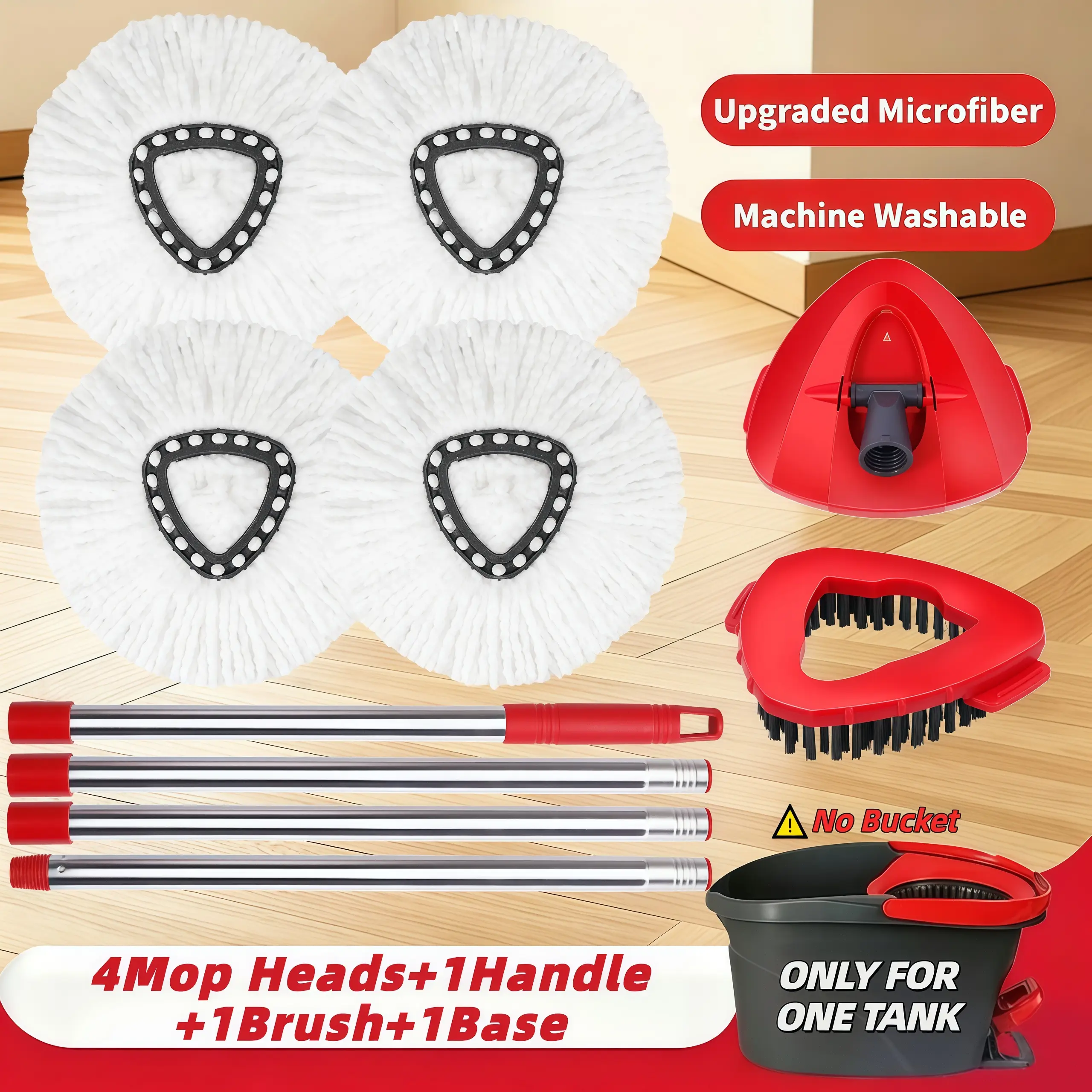 Spin Mop Replacements for O-Cedar 1-Tank System - Microfiber Flat Mop Set with 4 Reusable Pads, 30-58in Stainless Steel Handle, Plastic Brush, for Wood, Tile Floors Cleaning Lightweight Pack Smooth,dorm essentials,home essentials
