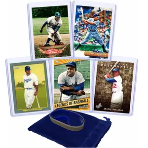 Jackie Robinson Baseball Cards (5) Assorted Brooklyn Dodgers Trading Card and Wristbands Gift Bundle