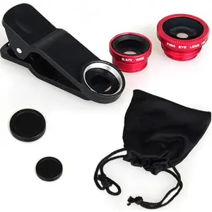 3 in 1 Universal Fish Eye Lens, Macro Clip Lens Wide-Angle Camera Lens Kit for iPad iPhone Samsung Android and Most Smartphones (Red)