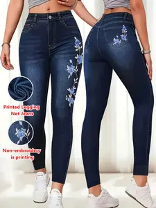 Printed Legging - Not Denim Fabric, Women's Imitation Denim Skinny Pants, Denim Print Design, Stylish Comfortable Fitted Fit for Everyday Wear