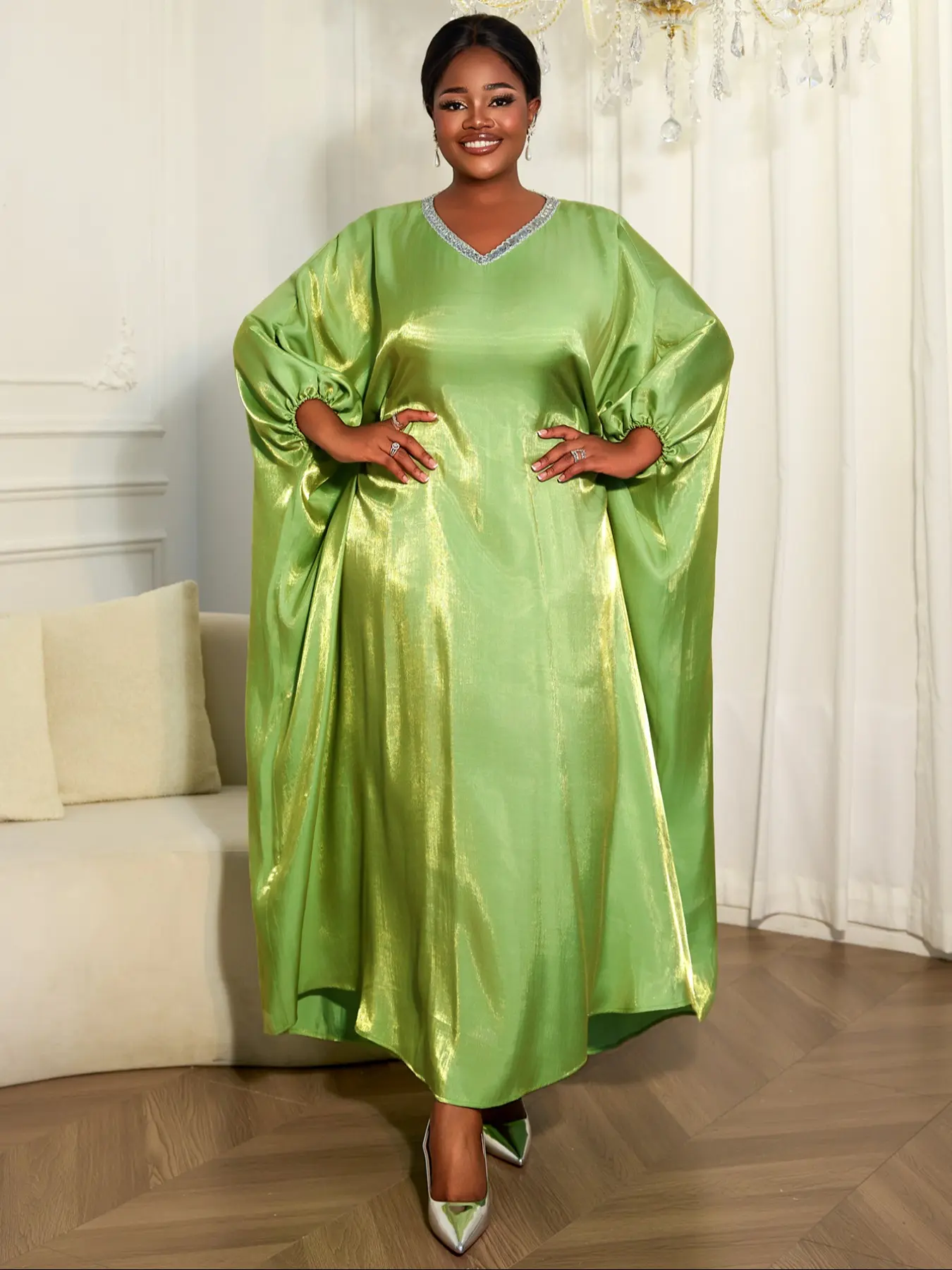 AOMEI Women's Shiny Green V Neck with Sparkly Sequin Batwing Sleeve Loose Maxi Bubu Dress African Kaftan Robes