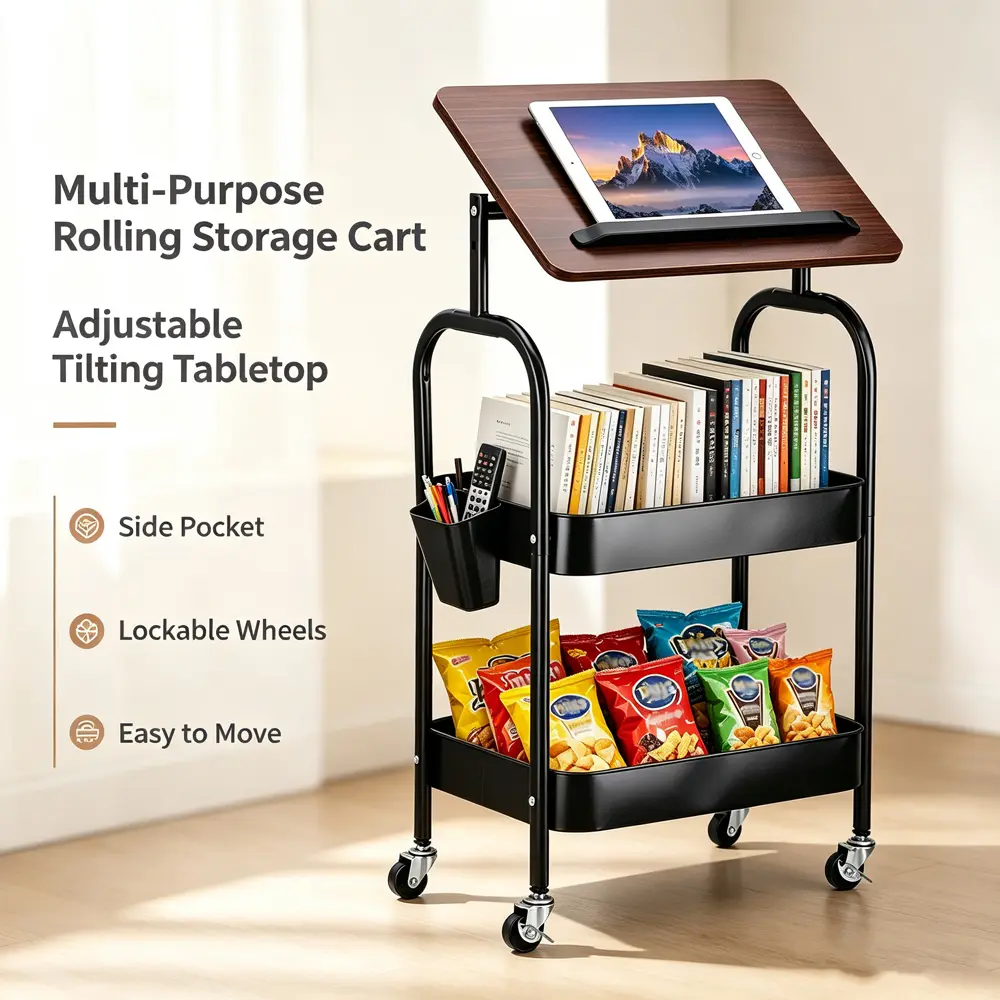 3-Tier Metal Rolling Utility Cart Organizer with Walnut Table Top, 2 Lockable Wheels, Stable Sturdy Storage Cart for Kitchen, Bathroom