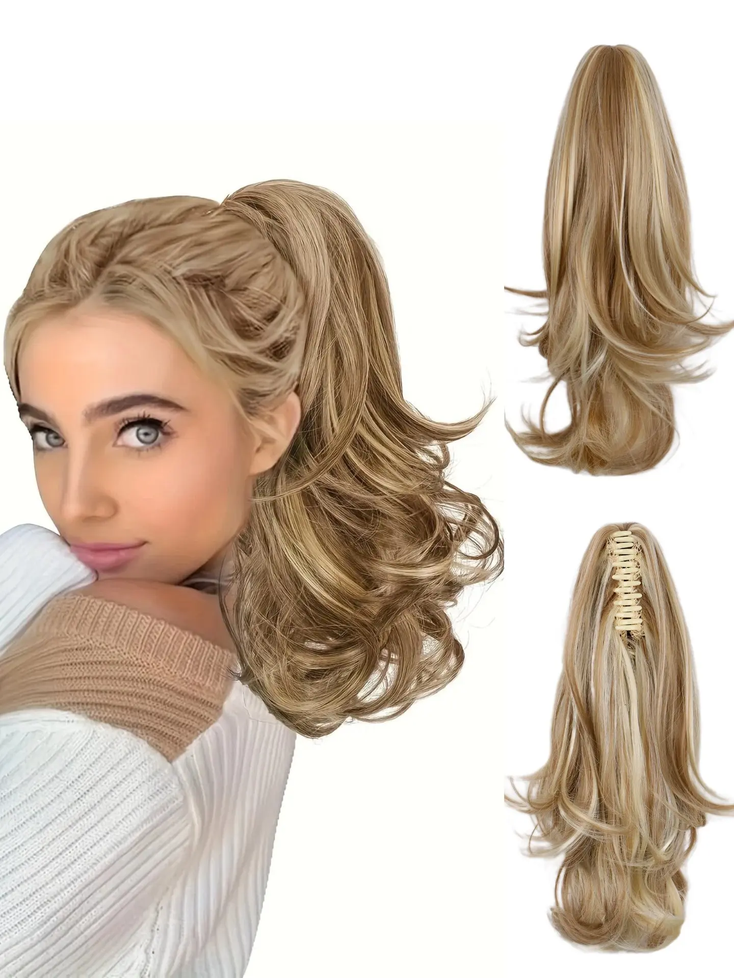 Ponytail Extension 16 Inch Claw Clip Pony Tails Hair Extensions Soft Natural Looking Synthetic Clip in Ponytail Blonde Ponytail Extension for Women Synthetic Ponytail Hairpieces Wavy Synthetic Hair