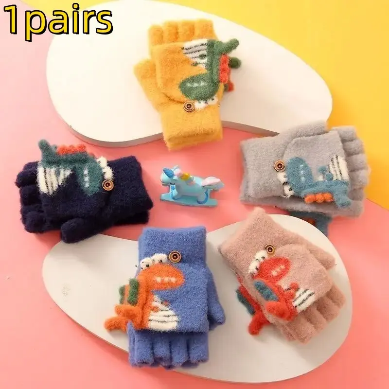Boys' Dinosaur Pattern Winter Gloves, Nylon Material, Buckle Design, Lightweight & Warm, Perfect for Daily Play & New Year Celebrations