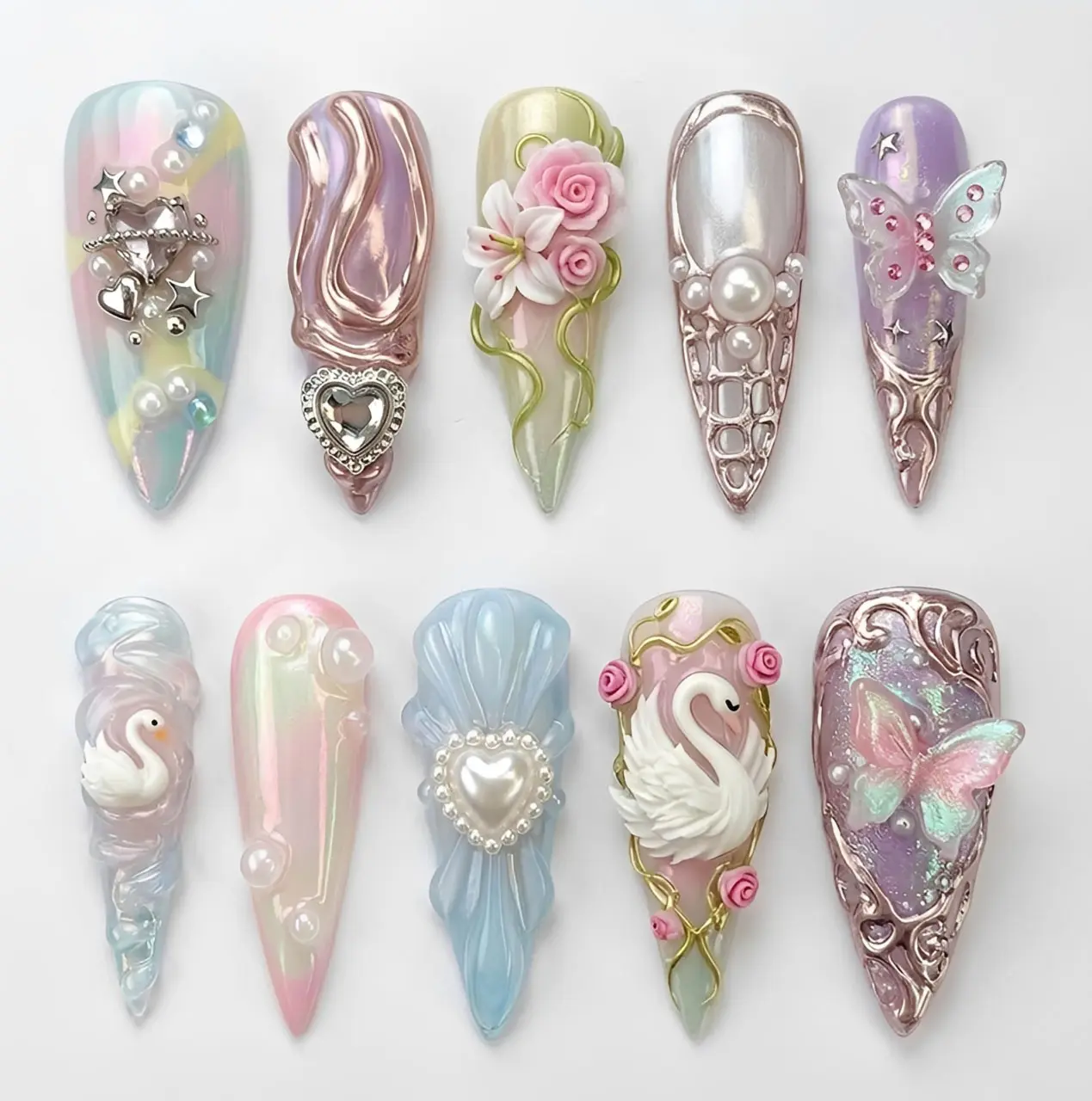 Enchanted Swan Butterfly 3D Press On Nails | Pastel Chrome Floral Pearl Heart Fairycore Long Stiletto Nails