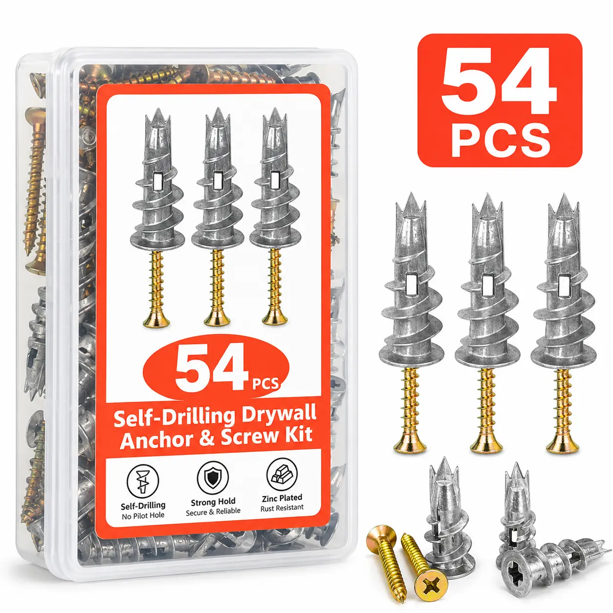 Spiral Zinc Alloy Single-Point Quick Expansion Screw Anchors, 13x31mm & 13x41mm Drywall Mounts, 54 Pieces