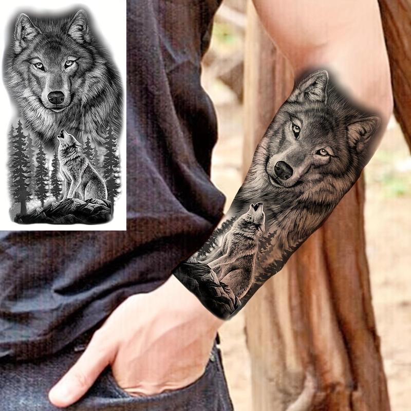 Realistic Sticker Tattoos - 6 Waterproof Long-Lasting Single Item, 3 Retro Realistic Wolf Howling Forest Theme, 3 Random Designs, Ideal for Adults' Arm, Thigh