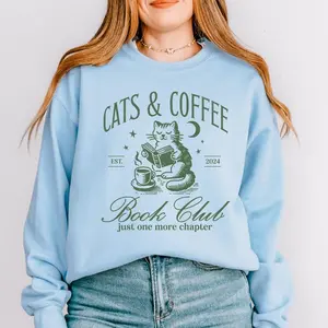 Cats and Coffee Bookclub T-Shirt, Sweatshirt & Hoodie – Cute Bookish Cat Crewneck, Cozy Gift for Coffee, Cat, and Book Lovers Cotton Fabric Unisex Womenswear