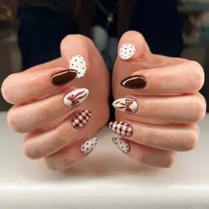 Caramel Plaid Polka Dot Bow Press on Nails, 30pcs Medium Glossy Nail Polish Finish, Removable European Style Manicure, Nail Art Design