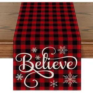 Red and Black Buffalo Plaid Believe Table Runner, Seasonal Winter Christmas Holiday Kitchen Dining Table Decoration for Indoor Outdoor  Party Decor 13 x 90 Inch
