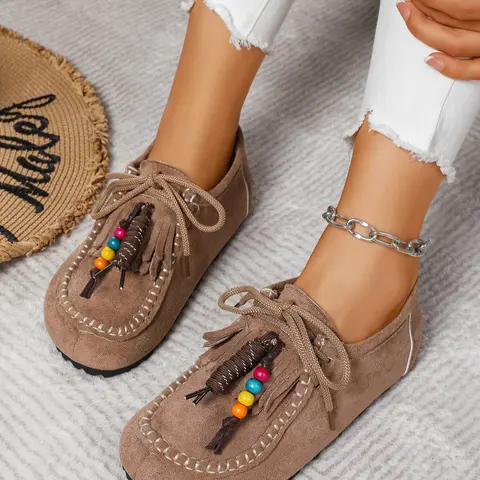 New Women's Round-Toe Outdoor Fitness Shoes with Arch Support, Casual Beaded Tassel Moccasins for Women, Vintage Comfort Walking Flats, Casual Shoes Clogs, Casual Fashion Shoes