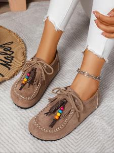 2025 new women's round-toe cork suede clog mules – outdoor fitness shoes with arch support, boho beaded tassel moccasins for women – soft suede slip-on loafers with arch support, vintage comfort walking flats, footwear