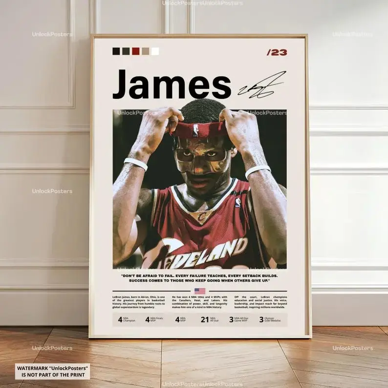 Retro Sports Legend Wall Art Inspirational Basketball King Canvas Poster Graphic Print Bedroom Decor Premium Semi-Gloss Finish Perfect Gift for Teens & Sports Fans