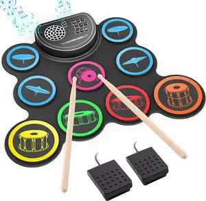 Electronic Drum Set, 9-Drum Practice Pad with Headphone Jack, Roll-up Drum Kit Machine with Built-in Speaker Drum Pedals and Sticks 10 Hours Playtime, Great Holiday Birthday Gifts for Kids
