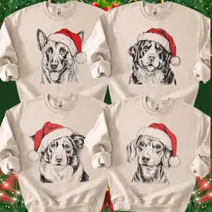 Christmas Santa Dog Breeds Sand Color Sweatshirt, 50 Dog Breeds in Festive Santa Hat Sweater, Dog Lover Shirt Gift